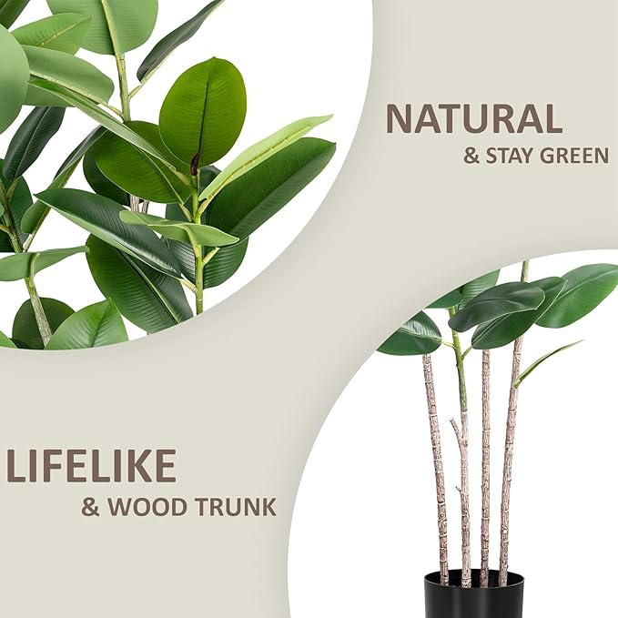 Artificial Rubber Tree 6FT Tall Faux Ficus Tree with Potted Fake Tropical Plant Decorative House Plants Large Floor Plants Artificial Trees for Home