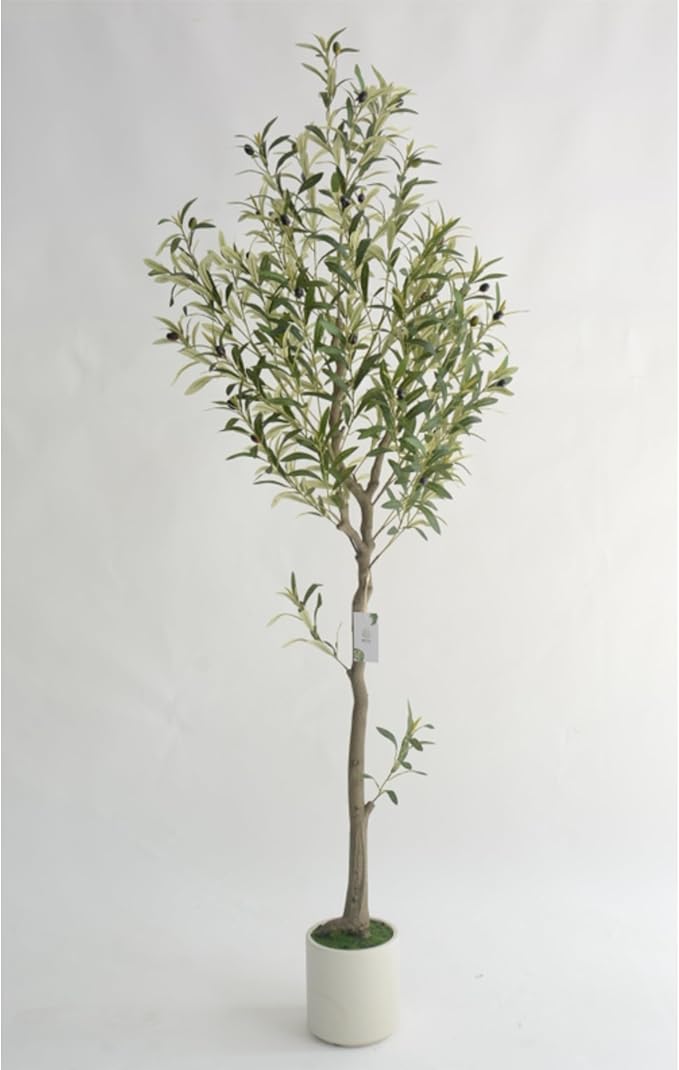 Faux Olive Tree 6ft with White Planter,Olive Tree 6ft,Realistic Trunk and Fruit,Large Faux Plants Indoor,Perfect for Home Office Living Room Décor