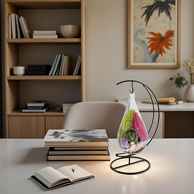 Creations by Nathalie 7" DIY Teardrop Terrarium Kit with Live Plants - Hanging Glass Planter with Stand for Adults & Kids - Build a Mini Ecosystem with Moss, Crystals, Tools - Made in The USA