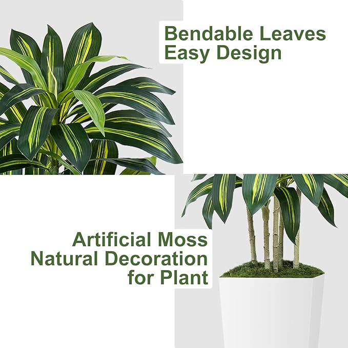 Keeplush 6FT Artificial Dracaena Tree - High-Density Foliage Fake Plant with White Tall Planter - Faux Yucca Floor Plant for Home Office Decor Indoor