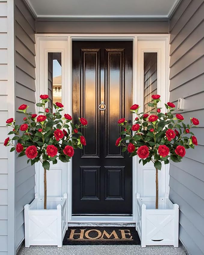4ft Artificial Camellia Tree Fake Camellia Plant with Red Flowers Faux Floral Plant Blooming Tree in Black Pot for Indoor Outdoor Office Home Front Door Porch Decor (2 Pack - Red)