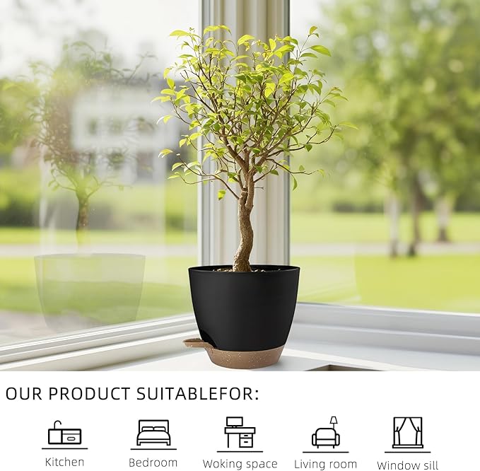Hylitong Plant Pots 8/7.5/7/6.5/6 Inch Self Watering Pots,5 Pack Planters with Drainage Holes and Saucers,Plastic Flower Pots,Nursery Planters for Indoor Outdoor Plants (Black)