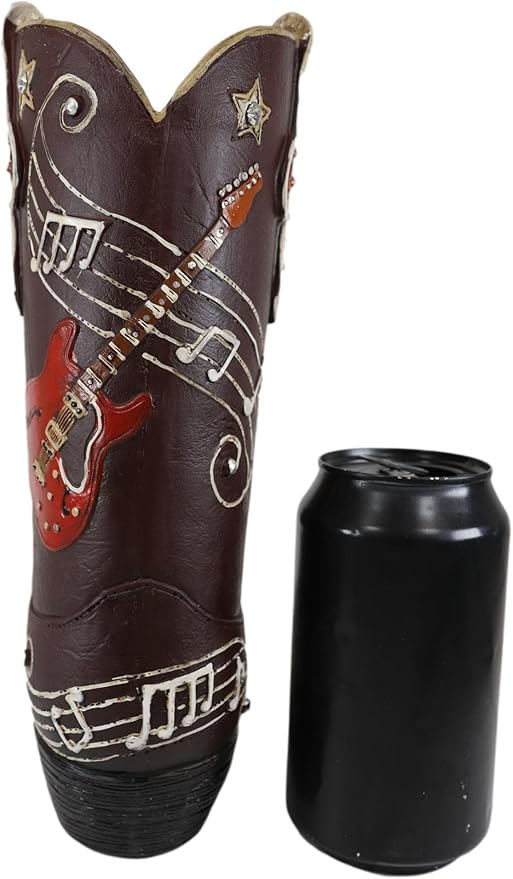 Ebros Gift Wild West Faux Tooled Leather Cowgirl Cowboy Boot with Western Star Cross Guitar and Musical Notes Chords Desktop Floral Vase Planter Sculpture Rustic Accent Boots Figurine