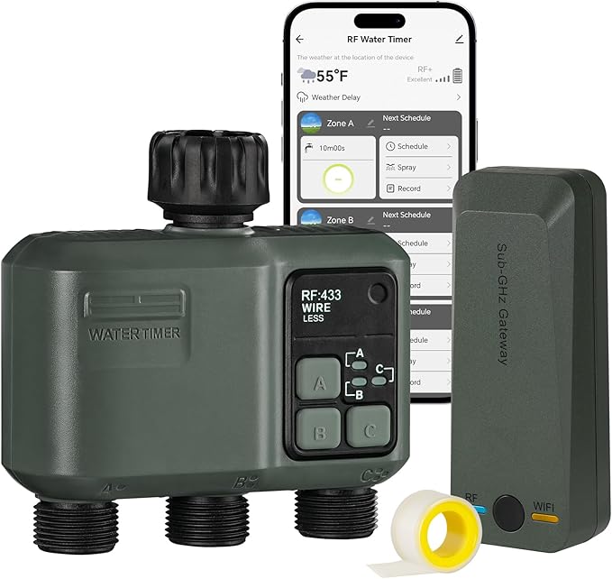 WiFi Water Timer for Garden Hose, Sprinkler Timer 3 Zone, 3 Outlet Smart Hose Watering with WiFi Irrigation Controller, Automatic Irrigation System/Rain Delay/Manual Watering D33WT06