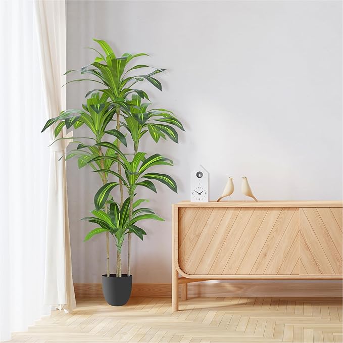 Waoops Artificial Plants 5.3Ft Dracaena Fragrans Faux Trees with 7 Heads Fake Tree for Home Decor Indoor or Outdoor Office Decoration Housewarming Gift