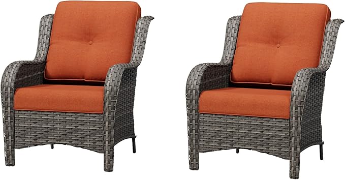 Patio Chairs Set of 2, Outdoor Wicker Patio Furniture Set with Thickened Olefin Cushions, High Back and Deep Seating, Wide Curved Armrest Hand-Woven PE Rattan for Porch, Deck, Orange