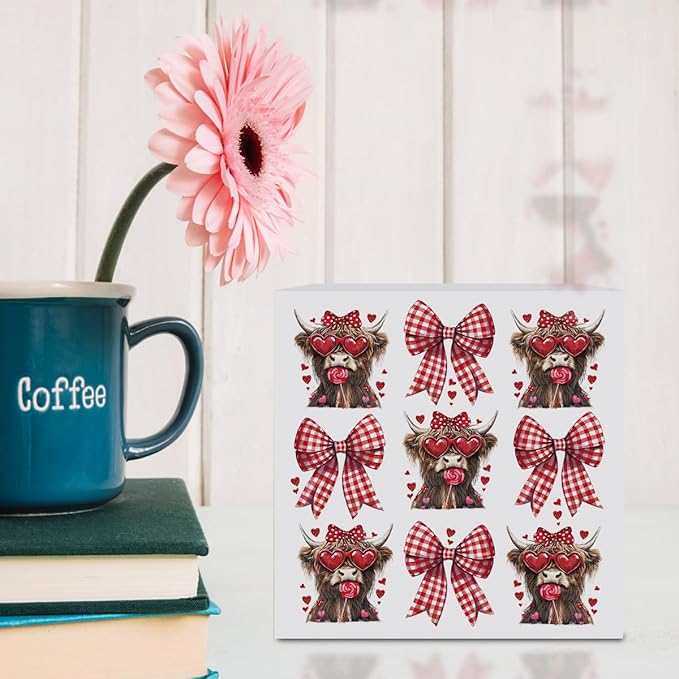 Valentines Day Decorations, Valentines Day Gifts for Her Him, Gift for Boyfriend Girlfriend, Vintage Bow Highland Cow Anniversary Wooden Box Sign Husband Wife Home Office Bedroom Desk Decor
