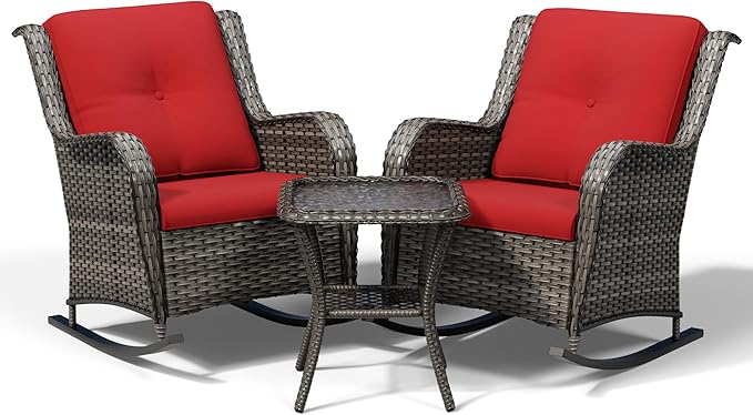 Joyside 3 Piece Wicker Patio Furniture Set, Outdoor Rocking Chair with High Back, Deep Seating, Wide Armrest, Thickened Cushions, Outdoor Rattan Furniture for Deck, Porch Use