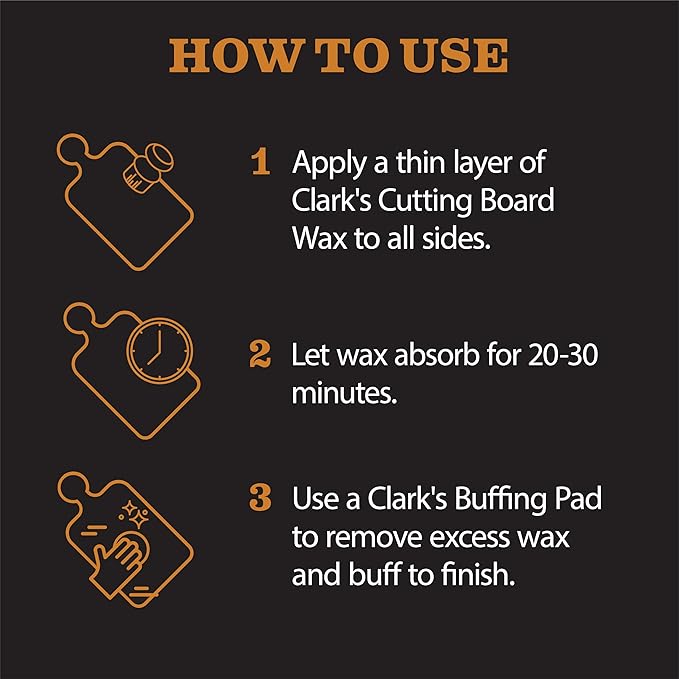 CLARK’S Cutting Board Oil and Wax Kit – Includes Food Grade Mineral Oil (12oz), Finishing Wax (6oz), Applicator, & Buffing Pad to Clean and Protect Wood, Enriched with Natural Lemon & Orange Extract
