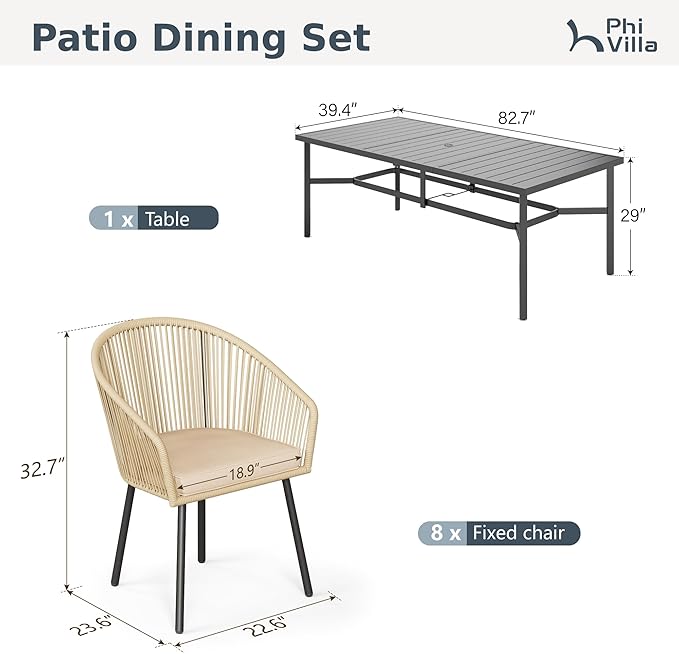 PHI VILLA 9 Pieces Outdoor Dining Set for 8, 83" Long Rectangle Wrought Iron Table with Umbrella Hole & Cushioned Brown Wicker Chairs, Modern Outside Furniture for Patio, Deck, Backyard, Porch