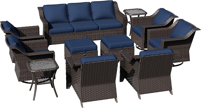 11 Pieces Patio Conversation Furniture Set - 1 Sofa, 2 Ottoman, 2 Armchairs, 4 Swivel Chairs, 2 Side Tables, Outdoor Wicker Furniture with Removable Cushions for Porch, Sunroom (Blue)