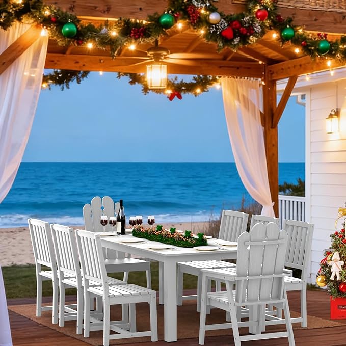 9-Piece Patio Dining Set, Outdoor Dining Set for 8, HDPE All-Weather Outdoor Furniture with 75.20” Umbrella Hole Table, 2 Armchairs & 6 Armless Chairs, White