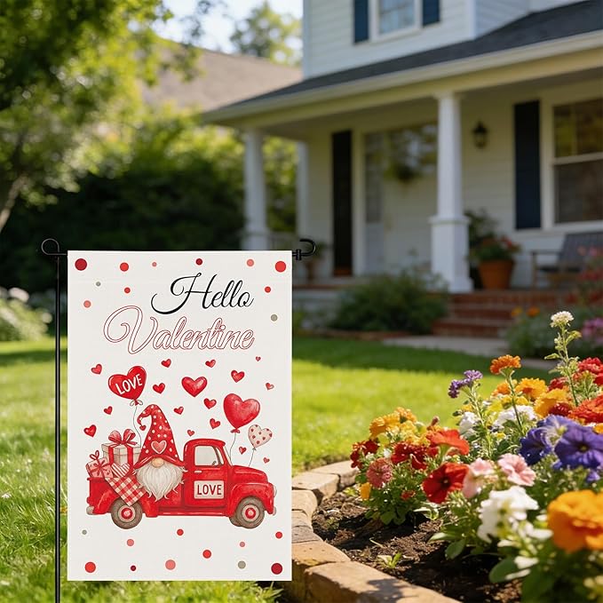 pretty_jessie Valentines Day Garden Flag 12x18 Inch Double Sided, Hello Valentine Gnome Red Love Hearts Burlap Yard Flag Anniversary Patio, Porch, Backyard Outdoor Decorations