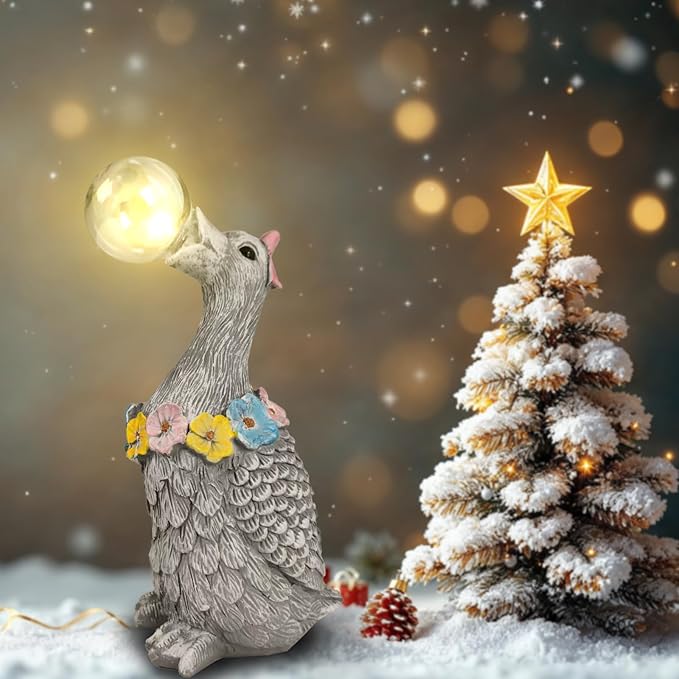 Porch Goose Statue with Solar Bubble Light Garden Gray Figurine Decor for Yard Lawn Patio Outdoor Decorations Housewarming Gifts for Mom Grandma Women