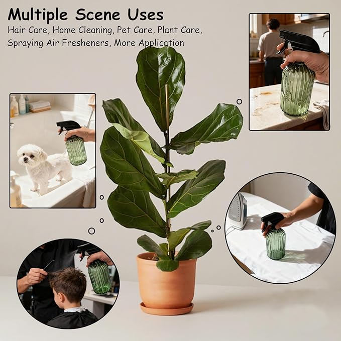 Glass Handheld Spray Bottle, 13.5oz Refillable Water Spray Bottle, Reusable Adjustable Nozzle Plant Mister Spray Bottles Indoor, Plant Mister for Hair, Cleaning, Gardening, Pets Care (Green)