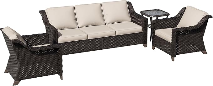 4 Pieces Patio Conversation Furniture Set - 1 Sofa, 2 Armchairs, 1 Side Table, Outdoor Wicker Furniture with Removable Cushions for Porch, Balcony, Sunroom (Beige)