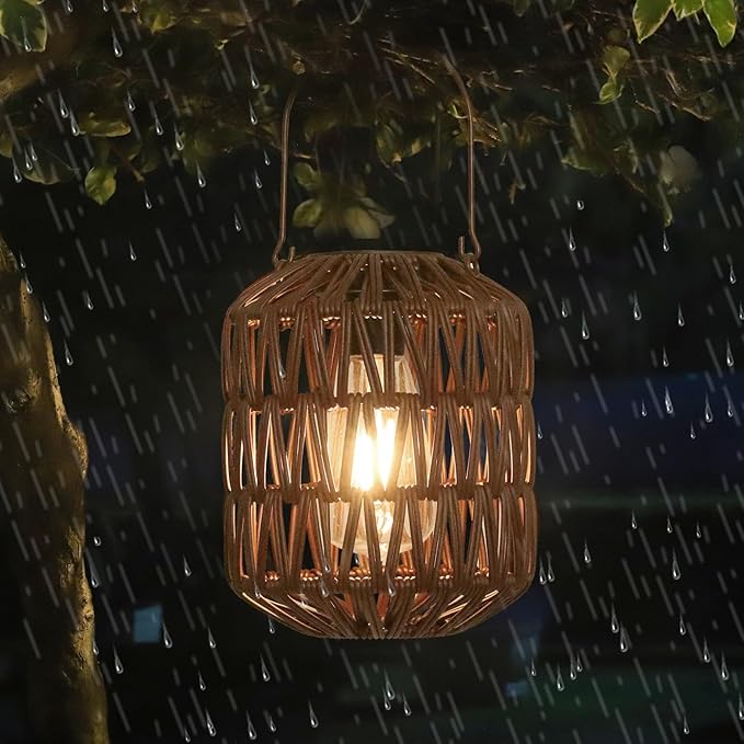 Rattan Outdoor Solar Lanterns, Solar Lights Outdoor Waterproof, 2 Pack Outside Table Lamp, Gardening Lantern Lights Gifts for Women, Hanging Lantern for Yard, Patio, Tree, Tabletop Decoration (Coffee)
