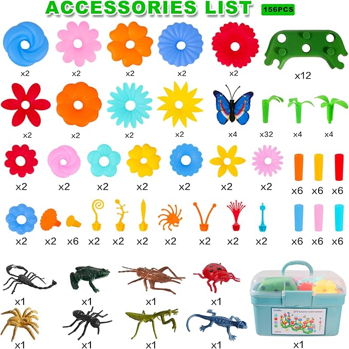 Birthday Toys Gifts for 2 3 4 5 6 Years Old Toddler Girls Boys, 156 PCS Insect Flower Garden Building Educational STEM Learning Pretend Play Gardening Set, Easter Gifts for Preschool Kids Age 2+