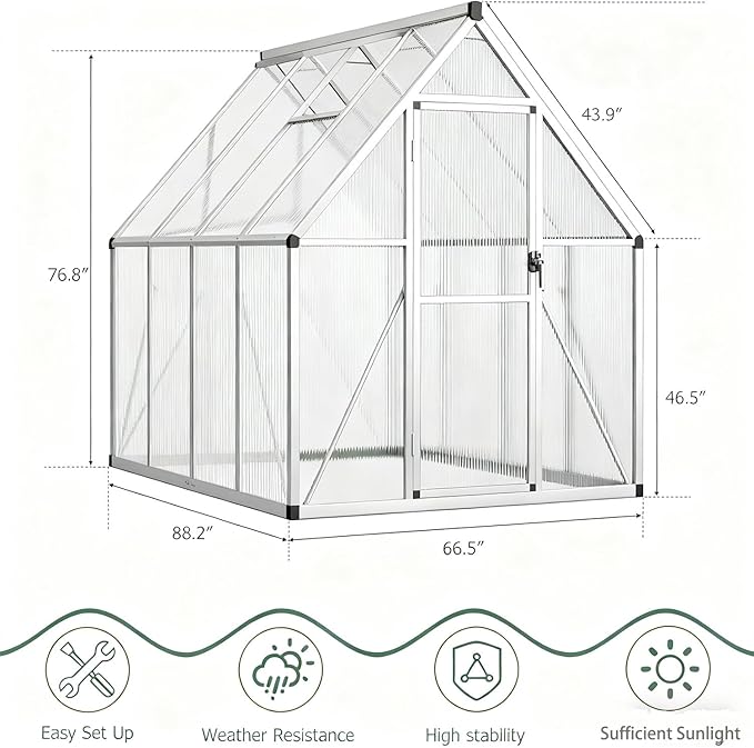 6x7 FT Greenhouse, Heavy Duty Aluminum Polycarbonate Greenhouses for Outdoors with Roof Vent, Easy Assembly, Lockable Door, Large Walk-in Greenhouse for Patio, Backyard, Garden, Silver