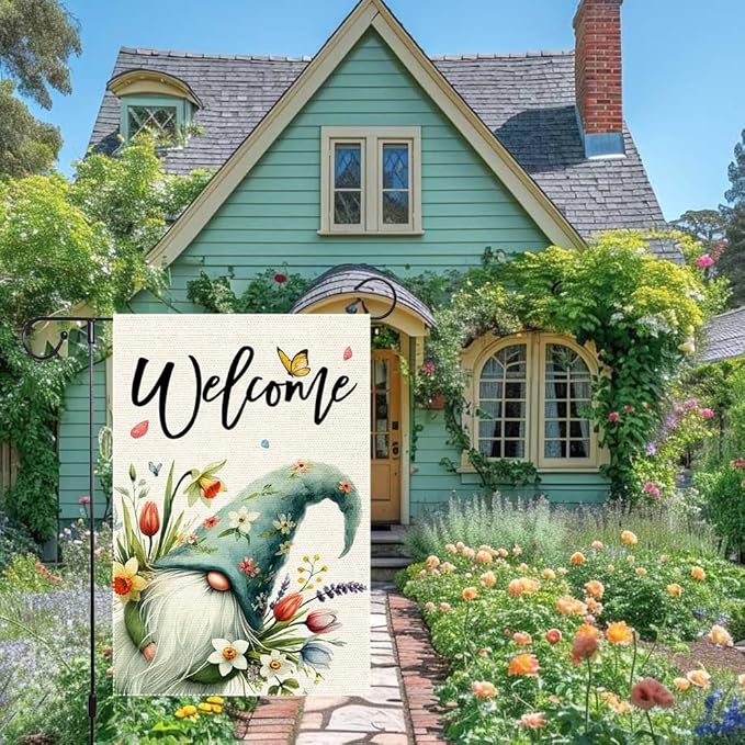 Welcome Spring Summer Tulip Garden Flag Flowers Butterfly Garden Flags 12x18 Inch Burlap Double Sided Gnome Colorful Floral Small Lawn Yard Outside Rustic Farmhouse Holiday Decorations Flags