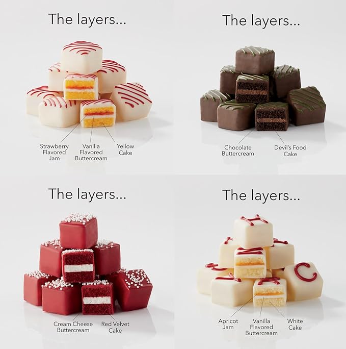 5 Holiday Gift Boxes - The Swiss Colony Merry Christmas Petits Fours 5-Gift Bundle Gourmet Mini Layer Cakes in Red Velvet, Strawberry, Chocolate, and Vanilla