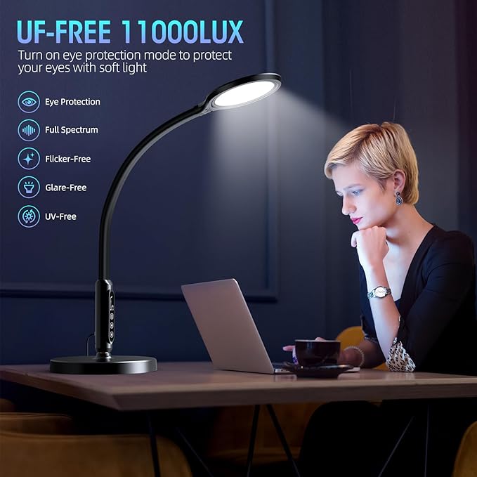 FBBJFF Happy Light Therapy lamp 11000 Lux, LED UV-Free Sunlight lamp,Full Spectrum Happy Therapy lamp with 10 Adjustable Brightness Levels, 2 in 1 Retractable Floor Sad Lamp (Black)