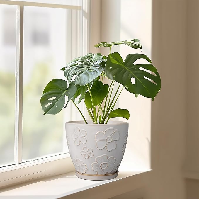 MPotTo Ceramic Planter 8 Inch Plant Pot with Drainage Hole and Saucer Ceramic Pots for Indoor Plants Outdoor Large Flower Pot for Home Decor White