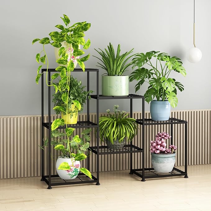 YUJCHMTZN Metal Plant Stand Indoor Metal Plant Stands Outdoor Tiered Plant Shelf for Multiple Plants, 3 Tiers 7 Potted Ladder Plant Holder Table Plant Pot Stand for Window Garden Balcony Living Room