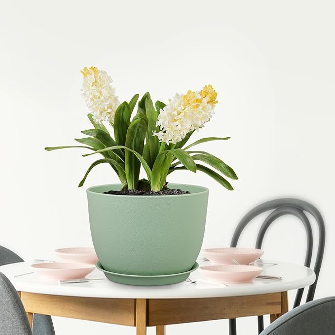 Meowell 12 inch Big Plant Pots, Plastic Planters with Drainage Holes and Trays, Flower Pots for Indoor Outdoor Plants, Modern Decorative Pots for Garden House Plants, Green