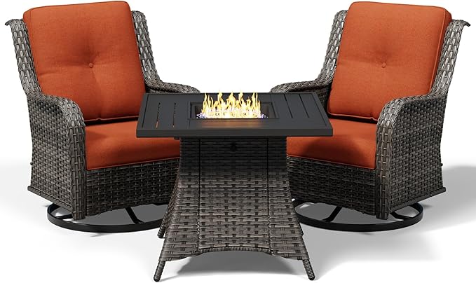 Joyside 3 Piece Wicker Patio Furniture Set with Fire Pit Table, Outdoor Swivel Rocker Patio Chairs with High Back, Deep Seating, Wide Armrest, Thickened Cushions, Outdoor Furniture for Deck, Porch Use