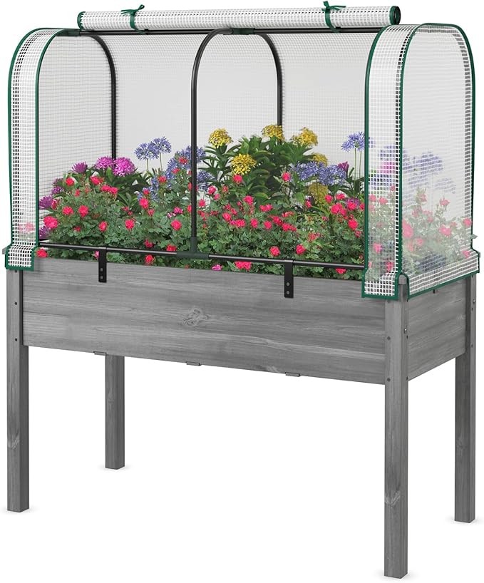 Toolsempire Raised Garden Bed with Greenhouse, Waterproof Sun-Protective Green House with Roll-Up Door & Electroplated Metal Frame, Fir Wood Elevated Planter Box with Drainage Holes(White+Gray)