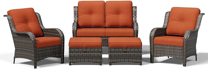 Joyside 5 Piece Wicker Patio Furniture Set, Rattan Patio Chairs with High Back, Deep Seating, Wide Armrest, Thickened Cushions, Outdoor Furniture for Deck, Porch Use