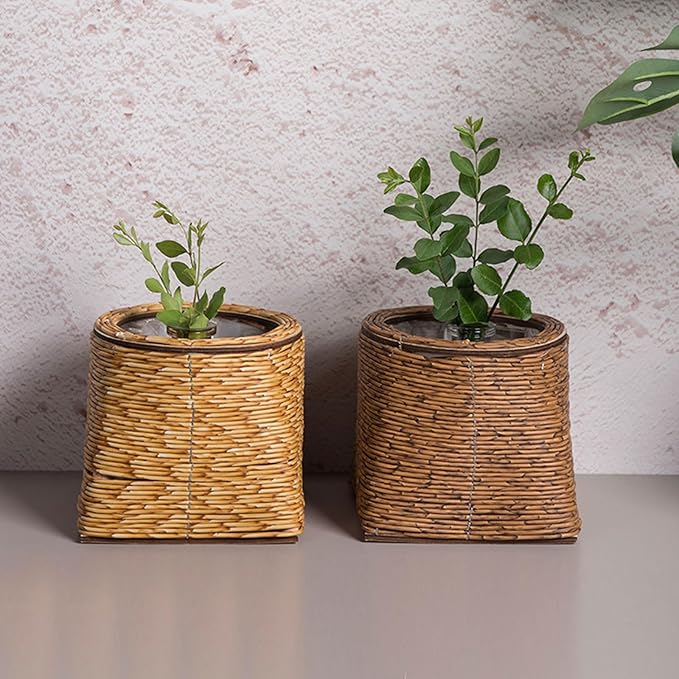 Rattan Flower Basket, Wicker Woven Planter with Plastics Liner, Hand Woven Basket Planter, Desktop Flower Pot for Bathrooms Kitchens Home Office
