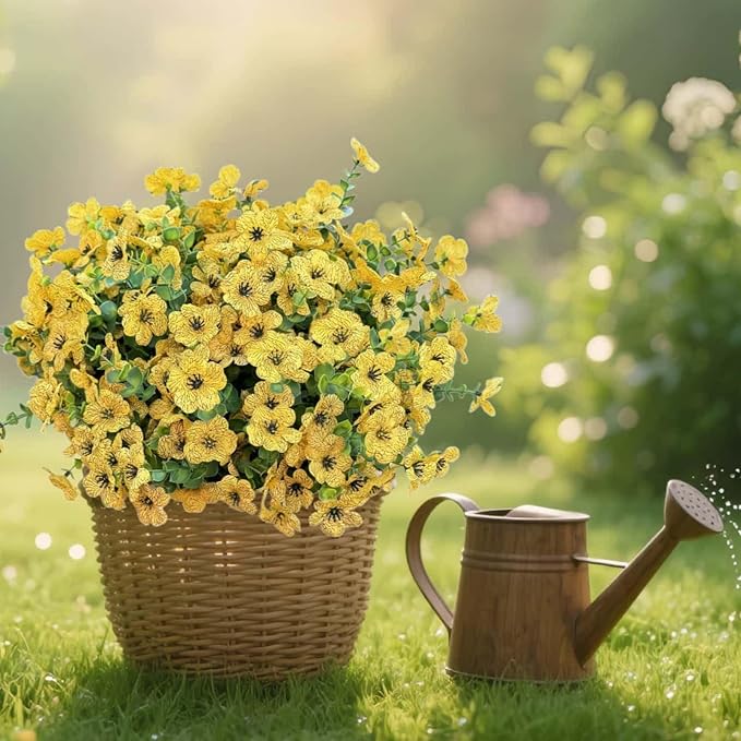 XccJLYB Artificial Flowers for Outdoor UV Resistant Fake Plants, 12 Bundles Fake Mums Silk Daisy in Pots for Porch Patio Garden, Faux Potted Home Decor for Outside (Yellow)