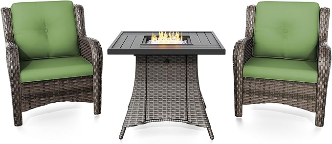 Joyside 3 Piece Wicker Patio Furniture Set with Fire Pit Table, Rattan Patio Chairs with High Back, Deep Seating, Wide Armrest, Thickened Cushions, Outdoor Furniture for Deck, Porch Use