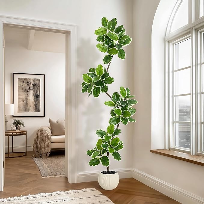 GarveeHome Fiddle Leaf Fig Tree Artificial Indoor, 7 ft Tall Faux Rubber Tree with Sphere Planter, Tall Artificial Plants with Moss for Home Decor Office Living Room