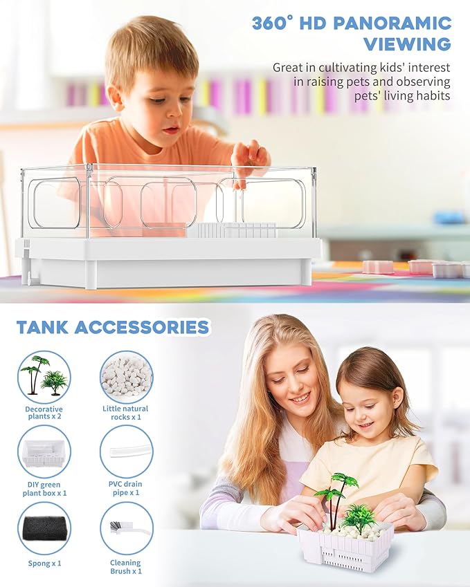 MoonOrange Small Turtle Tank Kit(Tank+Light+Filter), Acrylic Turtle Tank Starter Kit with Bask Platform, Bottom Drain, Multi-Function Area for Small Reptiles.(White)