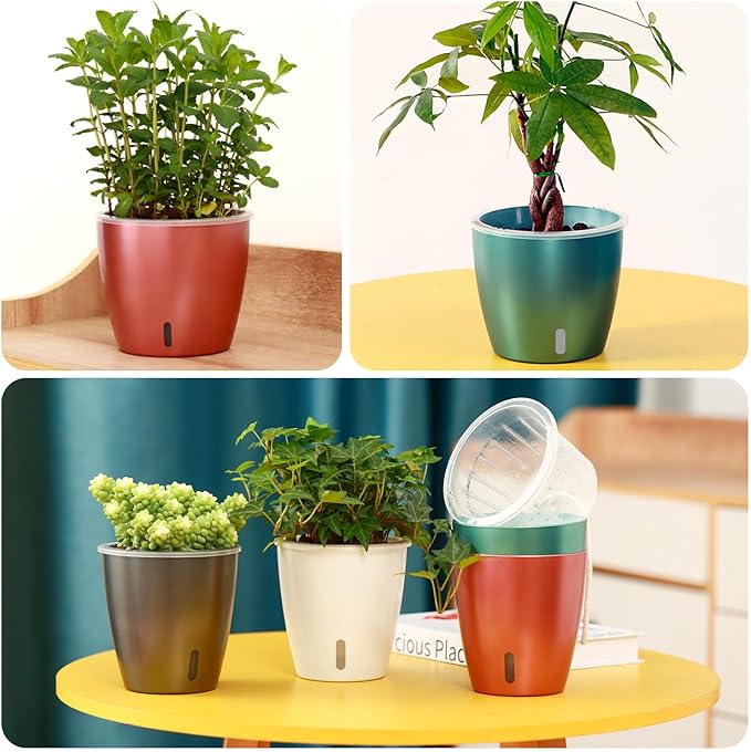 KvyusFlourish Self Watering Pots for Indoor Plants, 4-Pack 6.7'' Self Watering Planter with Drainage Holes, Small African Violet Pots with Water Indicator, Clear Wick Orchid Pot, Rose Gold