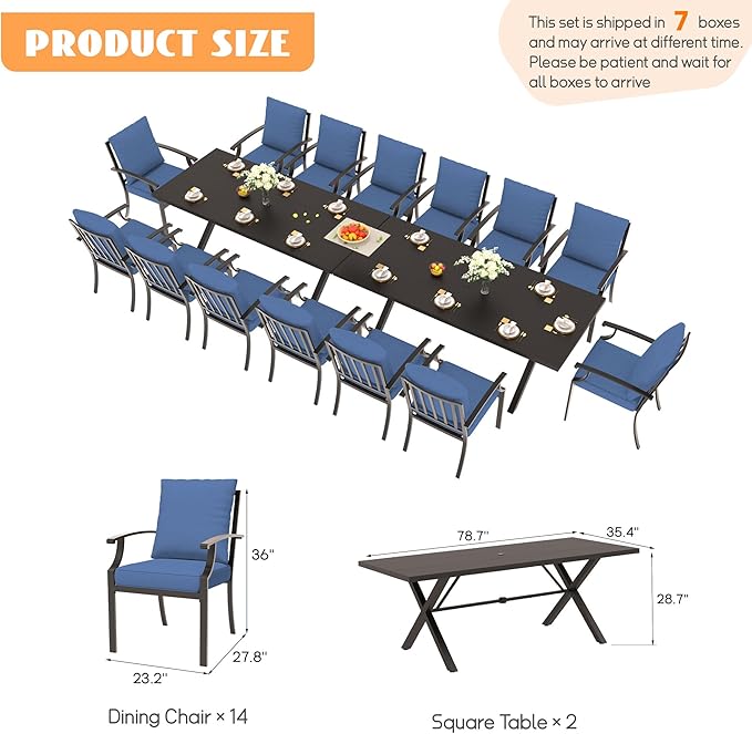 16-Piece Patio Dining Set Outdoor Conversation Set,Metal Outdoor Furniture Set with 2 Umbrella Hole Cut-Out 78.7" x 35.4" Tables and 14 Metal Backrest Chairs for Backyard,Garden,NavyBlue
