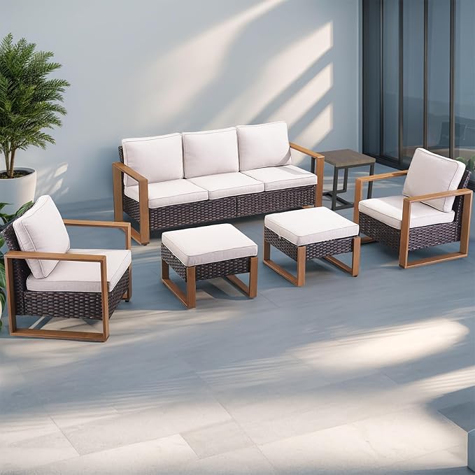 Rilyson Outdoor Wicker Patio Furniture Set - 4 Piece Patio Conversation Set with 2 Wicker Armrest Chairs,2 Rattan Ottoman, Sturdy Frame, Thick Cushions, Deep Seating(Brown/Beige)