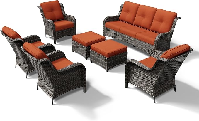 Joyside 7 Piece Wicker Patio Furniture Set, Rattan Patio Chairs with High Back, Deep Seating, Wide Armrest, Thickened Cushions, Outdoor Furniture for Deck, Porch Use