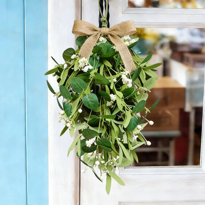 2 PCS 24'' Eucalyptus Wreaths for Front Door Artificial Greenery Teardrop Swags Spring Summer Green Swag Farmhouse Hanging Swags with Berry Ribbon for Wedding Home Outdoor Wall Cabinet Party Decor