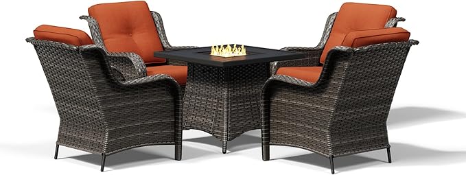 Joyside 5 Piece Wicker Patio Furniture Set with Fire Pit Table, Rattan Patio Chairs with High Back, Deep Seating, Wide Armrest, Thickened Cushions, Outdoor Furniture for Deck, Porch Use