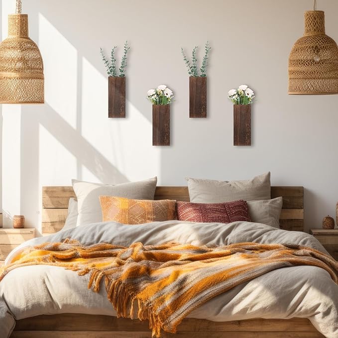 4 Pack Wood Wall Planter for Dried Flowers and Artificial Greenery Indoor Plants Holder, Wood Wall Decor Wooden Pocket Vase Modern Farmhouse Hanging Flowers for Living Room Bedroom Home