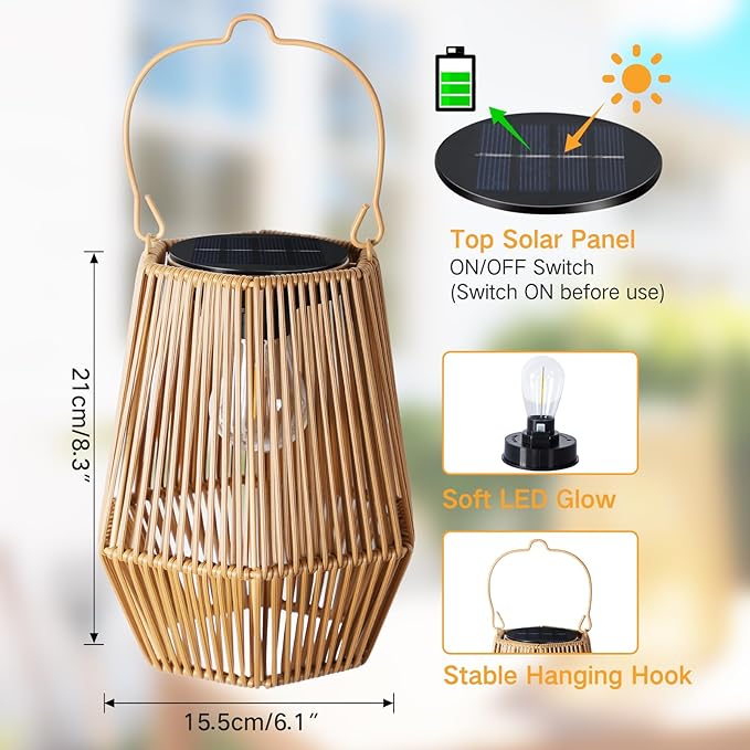 2 Pack Solar Lanterns Outdoor Waterproof, Hanging Rattan Woven Solar Lights with Auto On/Off, Decorative Gifts for Garden, Yard, Patio, Tree, Porch, Lawn, Pathway & Outside Tabletop Decor