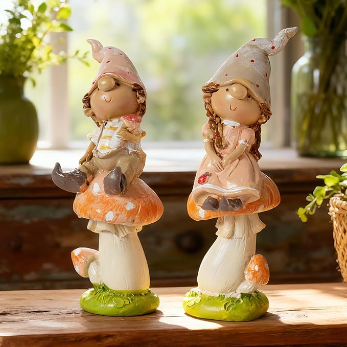 Garden Mushroom Gnome Resin Statues - Outdoor Patio & Lawn Decor, Indoor Home Ornament, Gnome Couple Garden Figurines, Ideal Gift for Parents & Friends