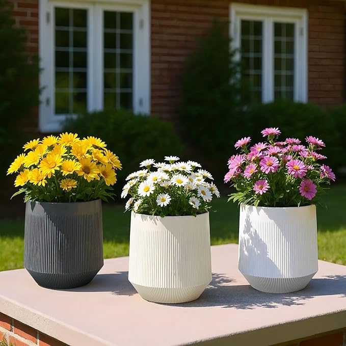 Yaghpy Plant Pots,Set of 3 Plastic Pots for Indoor Plants,Flower Pots Outdoor Planters with Drainage Hole and Seamless Saucer, White,Milky-Yellow,Gray