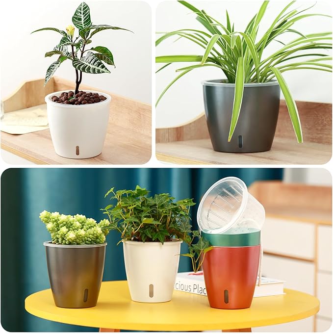 KvyusFlourish Self Watering Pots for Indoor Plants, 6-Pack 5'' Self Watering Planter with Drainage Holes, Small African Violet Pots with Water Indicator, Clear Wick Orchid Pot, Grey Gold