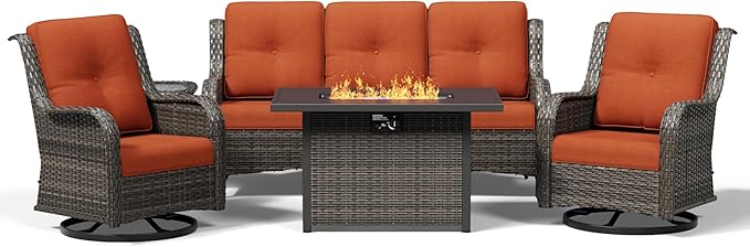 Joyside 5 Piece Wicker Patio Furniture Set with Fire Pit Table, Outdoor Swivel Rocker Patio Chairs with High Back, Deep Seating, Wide Armrest, Thickened Cushions, Outdoor Furniture for Deck, Porch Use