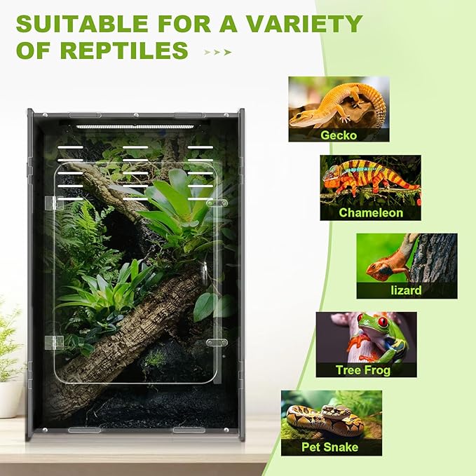 5-Sided Blackout Reptile Tank Enclosure, 16×16×24 inch Crested Gecko Tank Enclosure, Front Opening Reptile Enclosure with Mesh Top for Crested Geckos Small Lizards Tree Frogs & Arboreal Pets